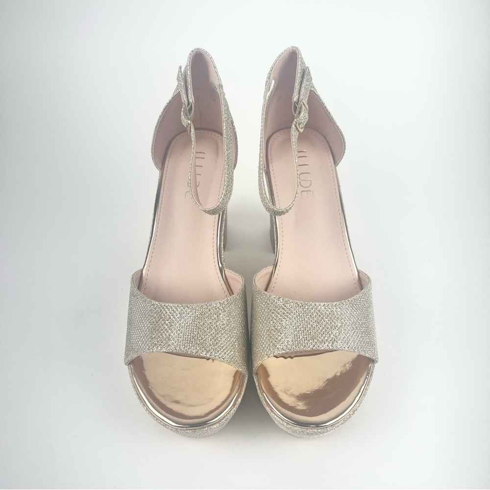 Champagne Peep-Toe Block Heels with Ankle Strap